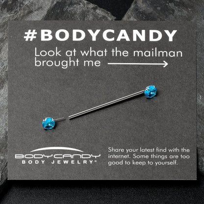 14G Aqua CZ Gem Threadless Industrial Barbell 38mm