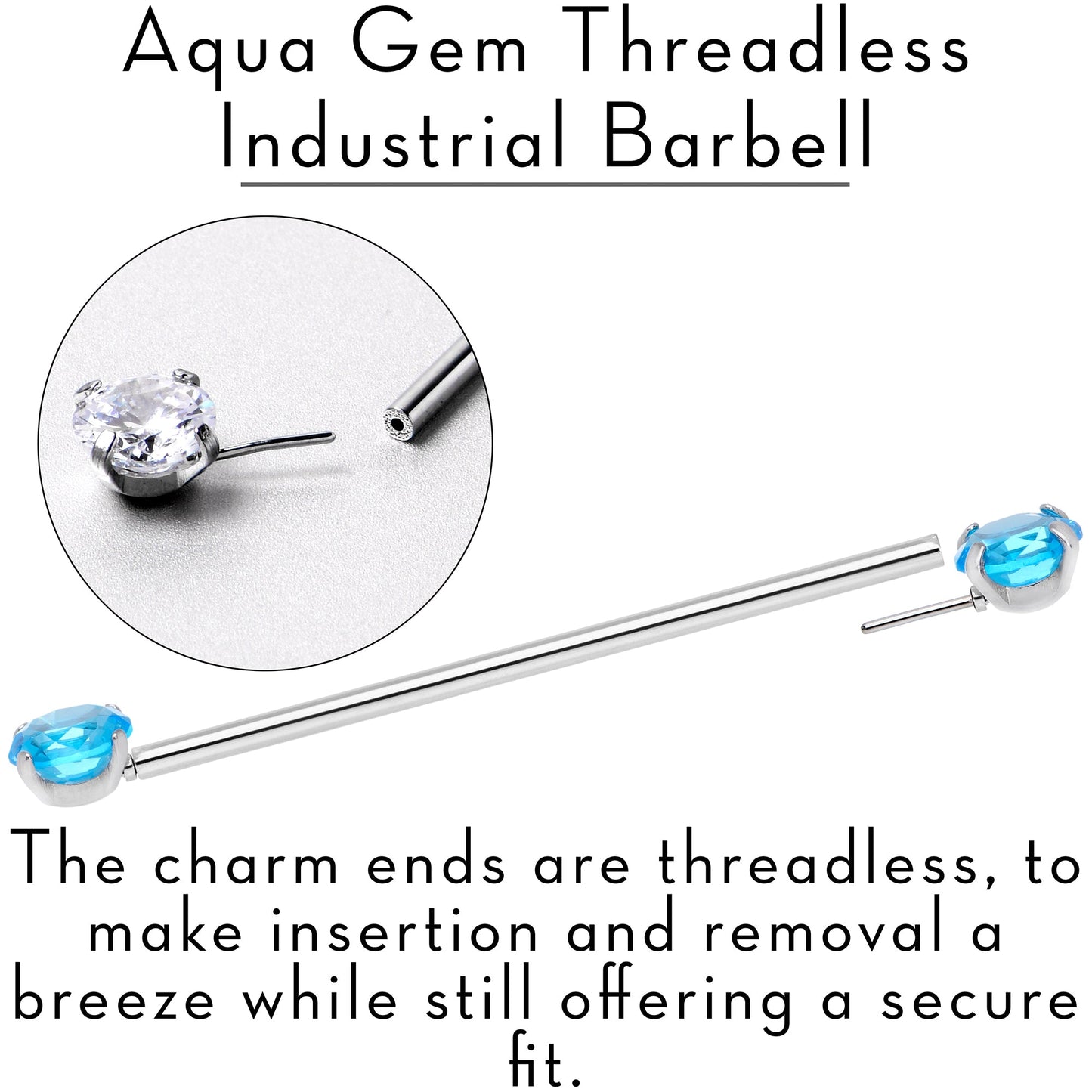 14G Aqua CZ Gem Threadless Industrial Barbell 38mm