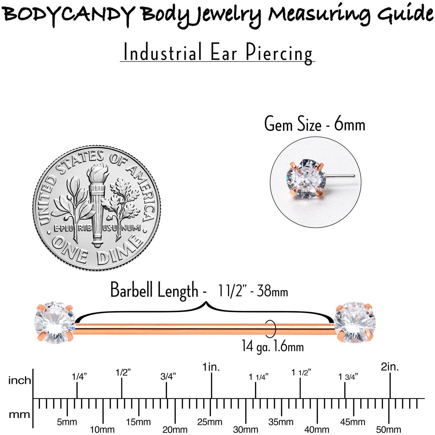 14G Clear CZ Gem Rose Gold Tone Threadless Industrial Barbell 38mm