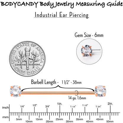 14G Clear CZ Gem Rose Gold Tone Threadless Industrial Barbell 38mm