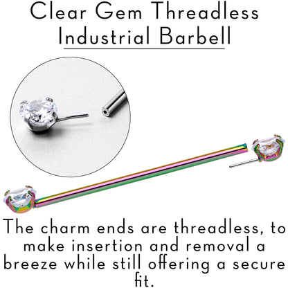 14G Clear CZ Gem Rainbow Threadless Industrial Barbell 38mm