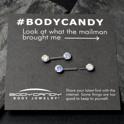 14G 1/2 Aurora CZ Gem Threadless Barbell Nipple Ring Set