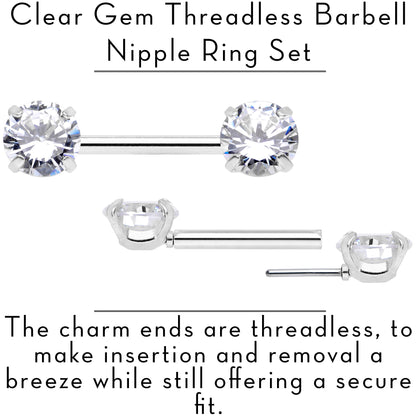 14G 1/2 Clear CZ Gem Threadless Barbell Nipple Ring Set