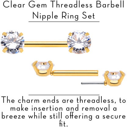 14G 1/2 Clear CZ Gem Gold Tone Threadless Nipple Ring Set