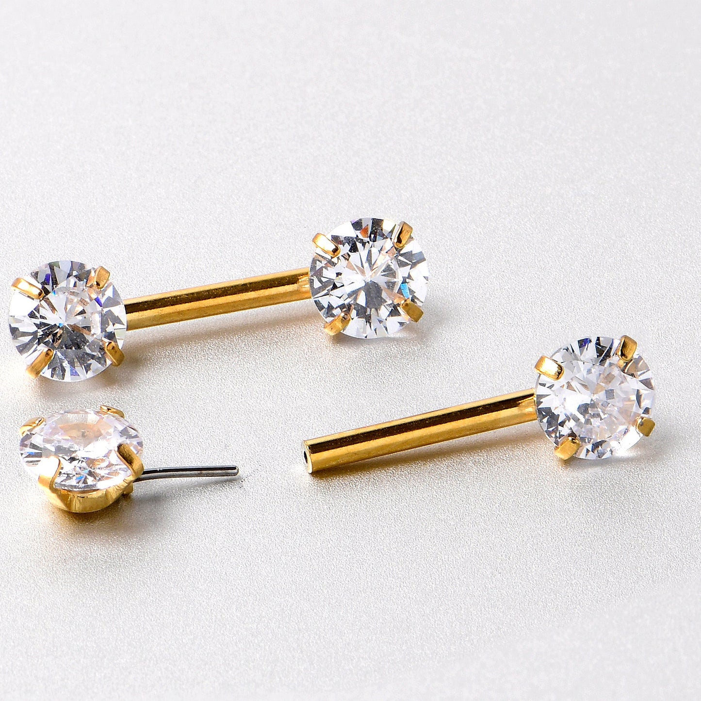 14G 1/2 Clear CZ Gem Gold Tone Threadless Nipple Ring Set