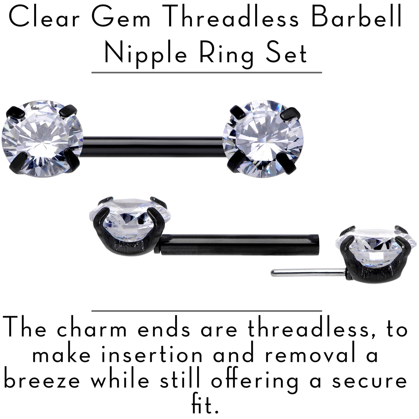 14G 1/2 Clear CZ Gem Black Threadless Barbell Nipple Ring Set