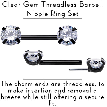 14G 1/2 Clear CZ Gem Black Threadless Barbell Nipple Ring Set