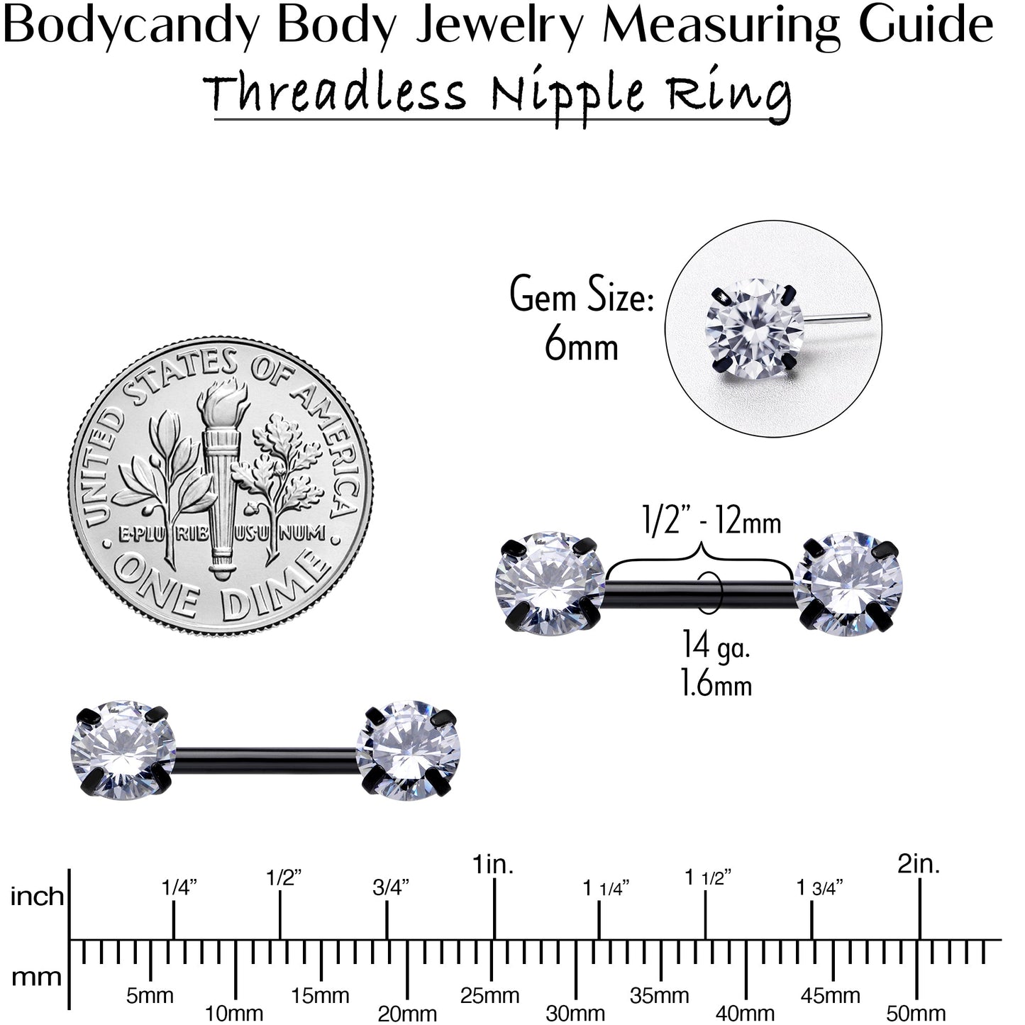 14G 1/2 Clear CZ Gem Black Threadless Barbell Nipple Ring Set