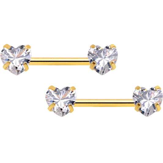 14G 1/2 CZ Gem Heart Gold Tone Threadless Nipple Ring Set
