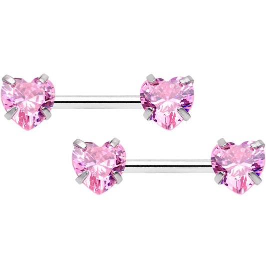 14G 1/2 Pink CZ Gem Heart Threadless Barbell Nipple Ring Set