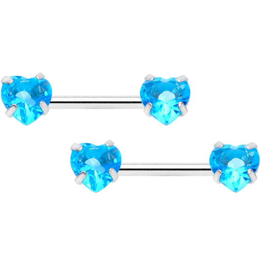14G 1/2 Aqua CZ Gem Heart Threadless Barbell Nipple Ring Set