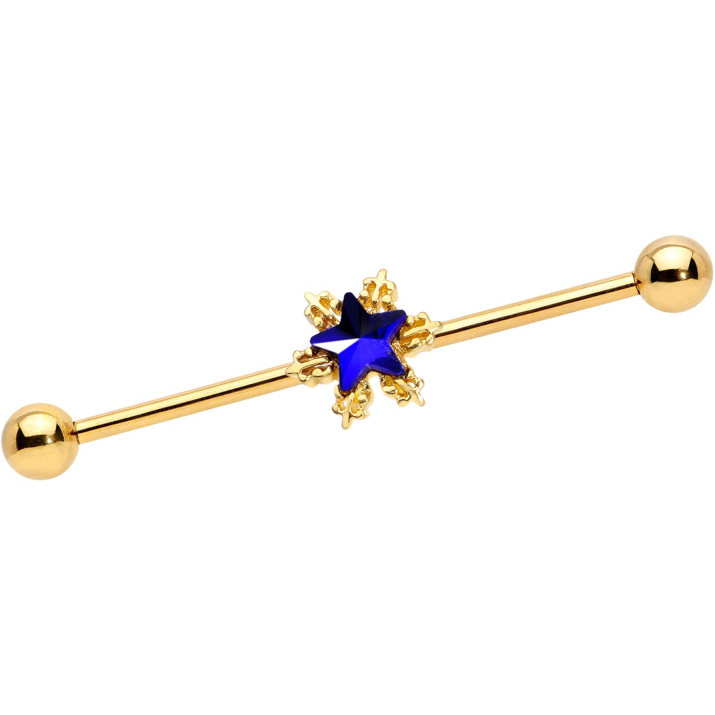 14G Blue Gem Gold Tone Star Industrial Barbell 38mm