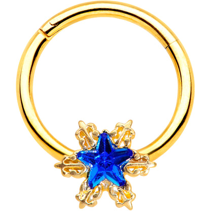 16G 3/8 Blue Gem Gold Tone Star Hinged Segment Ring