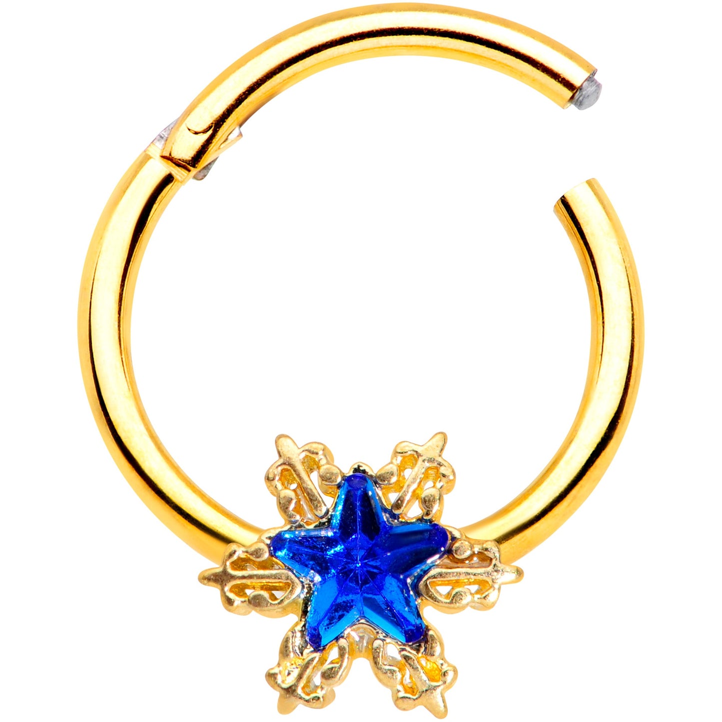16G 3/8 Blue Gem Gold Tone Star Hinged Segment Ring