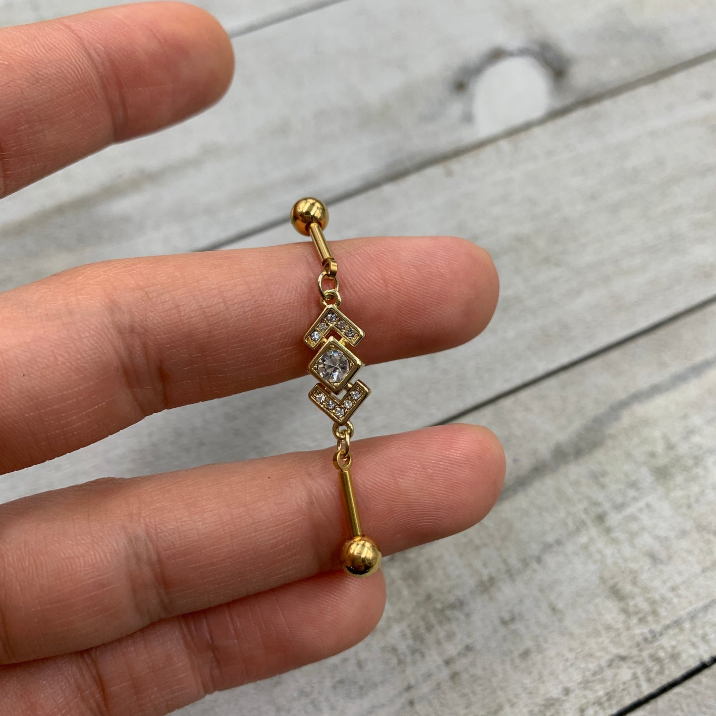 14G Clear Gem Gold Tone Geometric Dangle Industrial Barbell 38mm