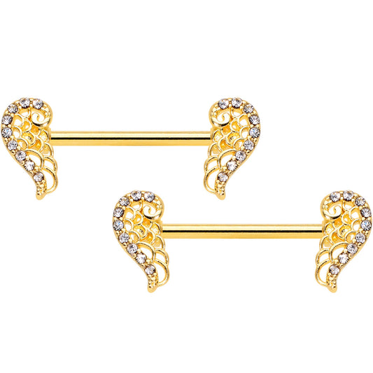 14G 9/16 Clear Gem Gold Tone Angels Wings Barbell Nipple Ring Set
