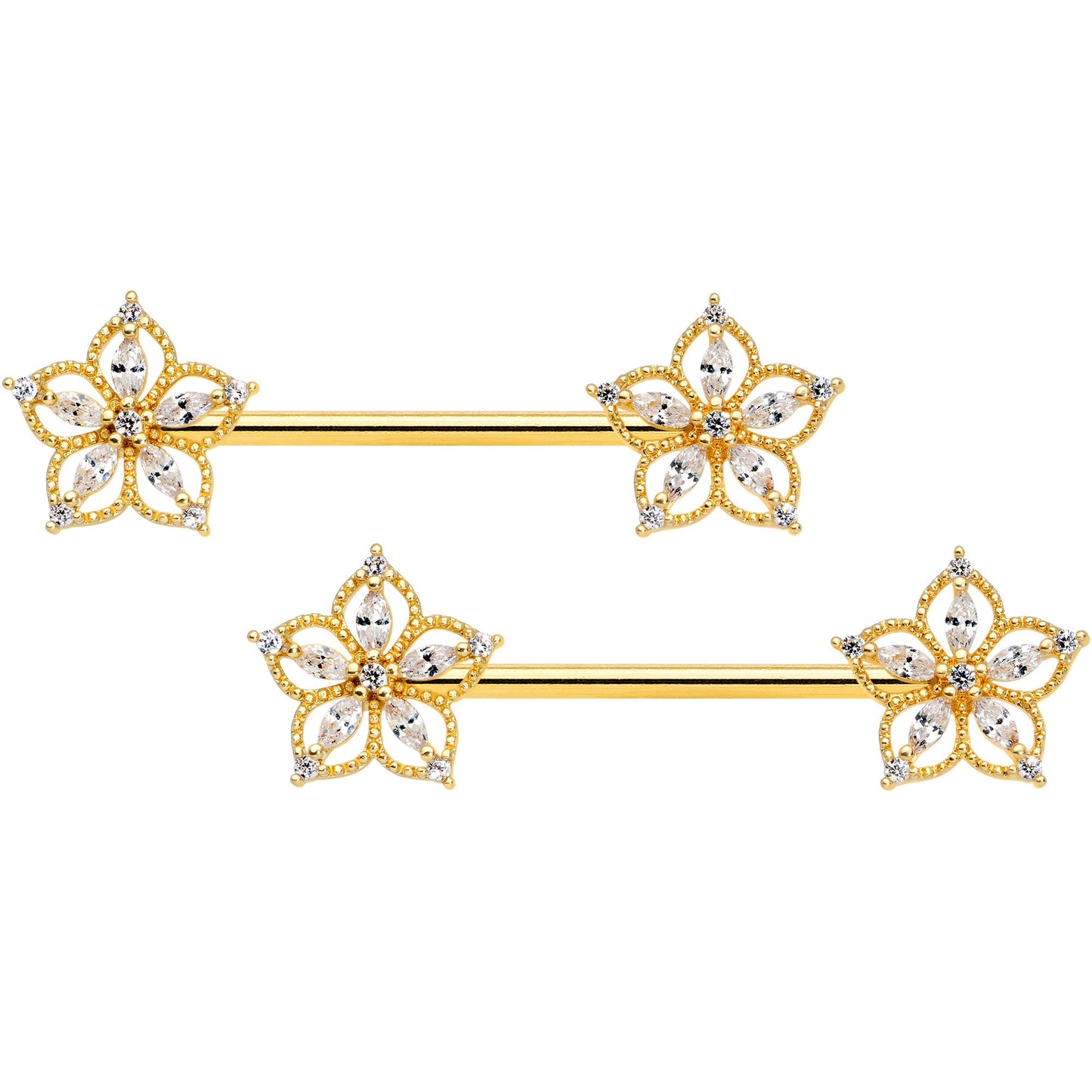 14G 9/16 Clear CZ Gem Gold Tone Airy Flower Nipple Ring Set