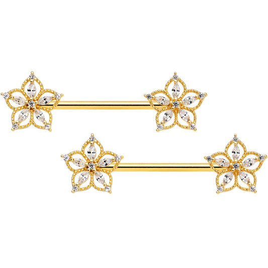 14G 9/16 Clear CZ Gem Gold Tone Airy Flower Nipple Ring Set