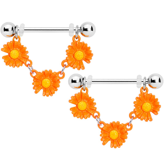 14G 13/16 Orange Daisy Chain Dangle Nipple Ring Set