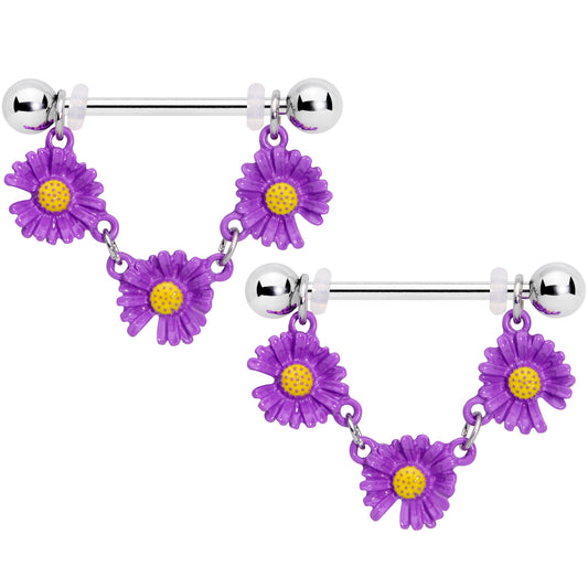 14G 13/16 Purple Daisy Chain Dangle Nipple Ring Set
