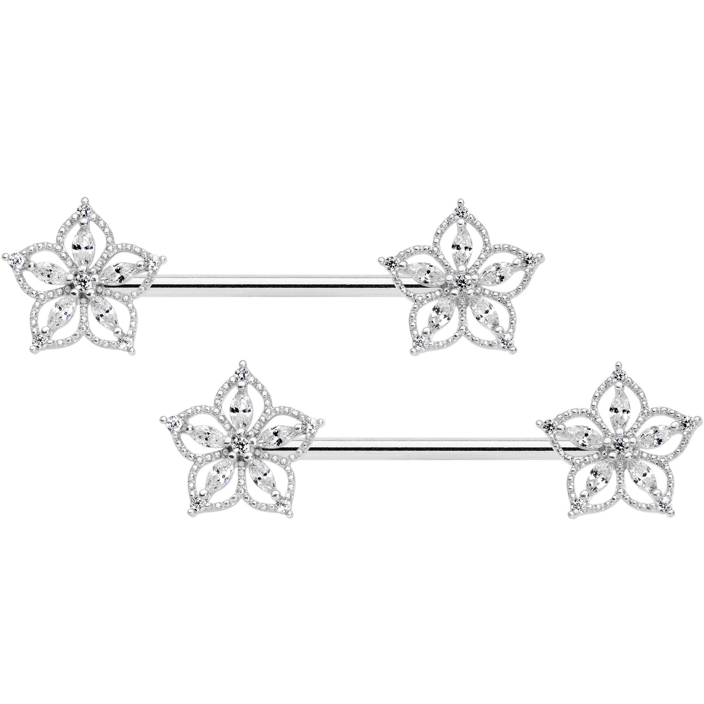 14G 9/16 Clear CZ Gem Airy Flower Barbell Nipple Ring Set