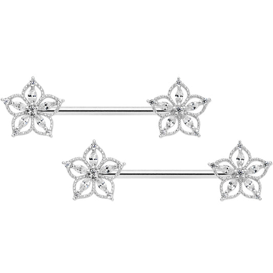 14G 9/16 Clear CZ Gem Airy Flower Barbell Nipple Ring Set