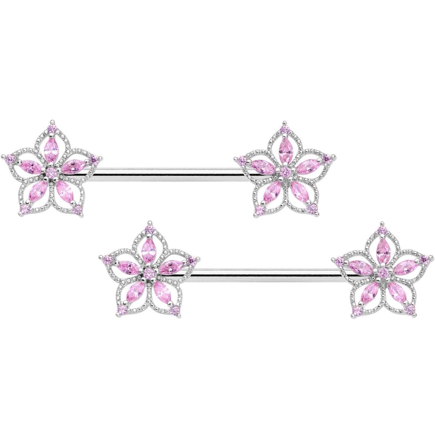 14G 9/16 Pink CZ Gem Airy Flower Barbell Nipple Ring Set