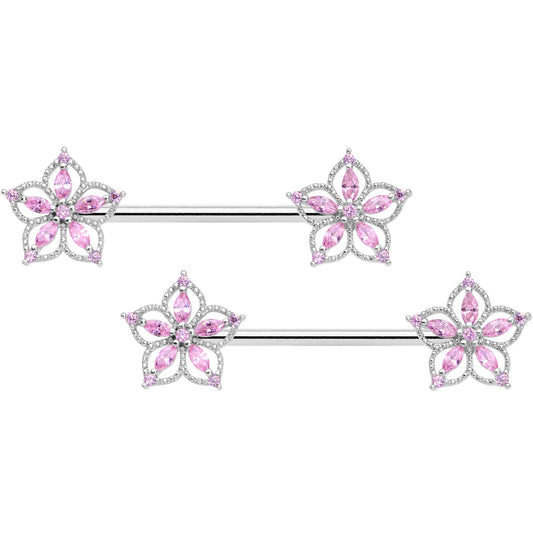 14G 9/16 Pink CZ Gem Airy Flower Barbell Nipple Ring Set