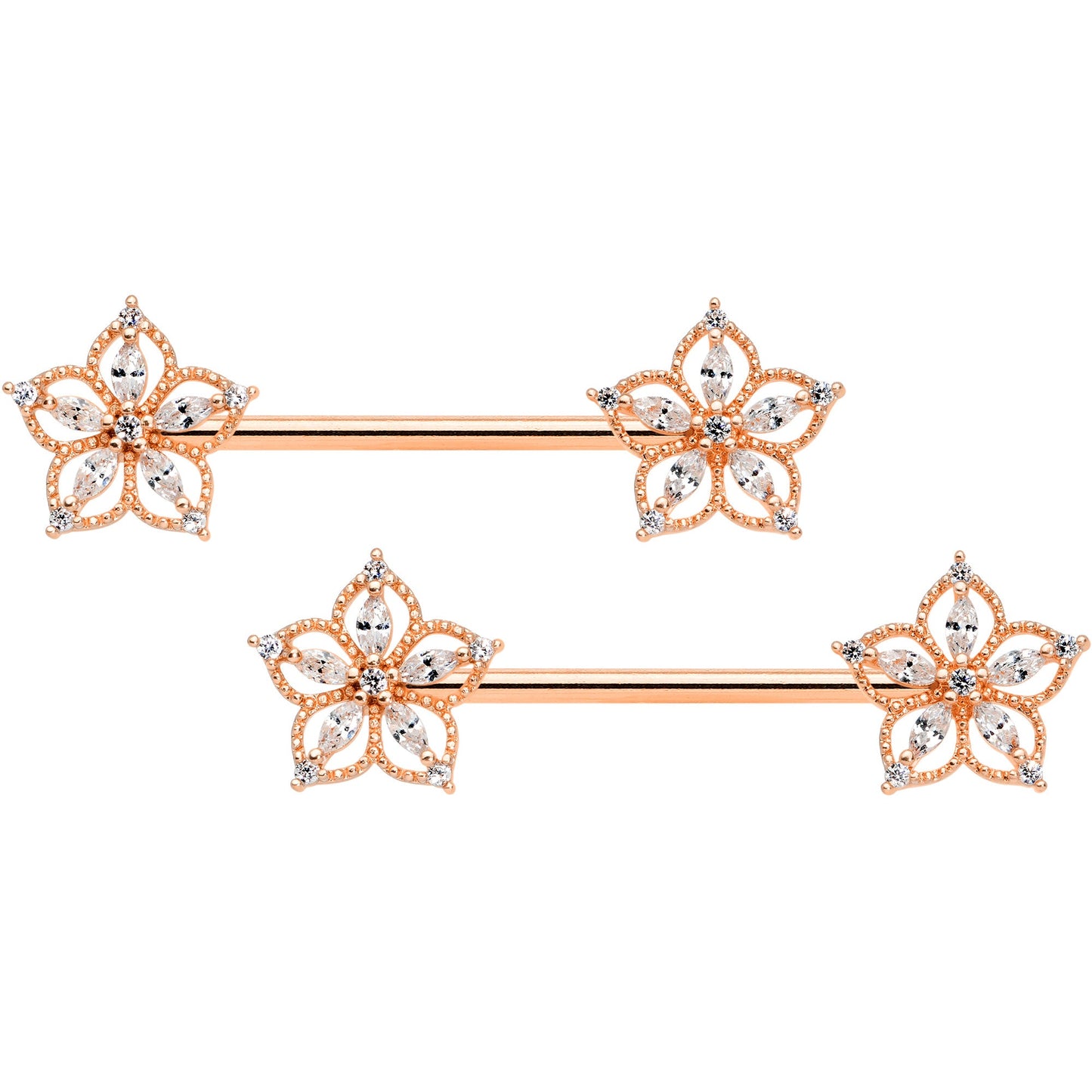 14G 9/16 Clear CZ Gem Rose Gold Tone Airy Flower Nipple Ring Set