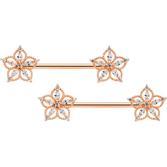 14G 9/16 Clear CZ Gem Rose Gold Tone Airy Flower Nipple Ring Set
