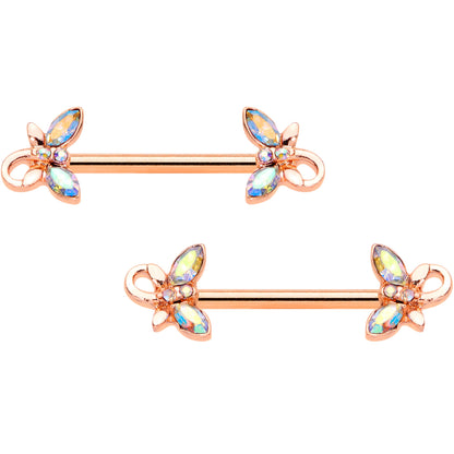 14G 1/2 Aurora Gem Rose Gold Tone Loop Butterfly Nipple Ring Set