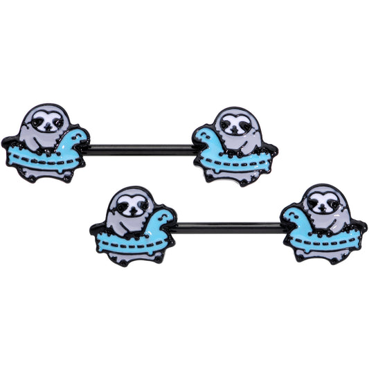 14G 9/16 Black Swimming Sloth Barbell Nipple Ring Set