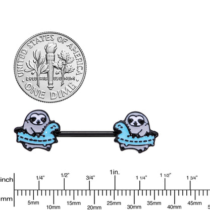 14G 9/16 Black Swimming Sloth Barbell Nipple Ring Set