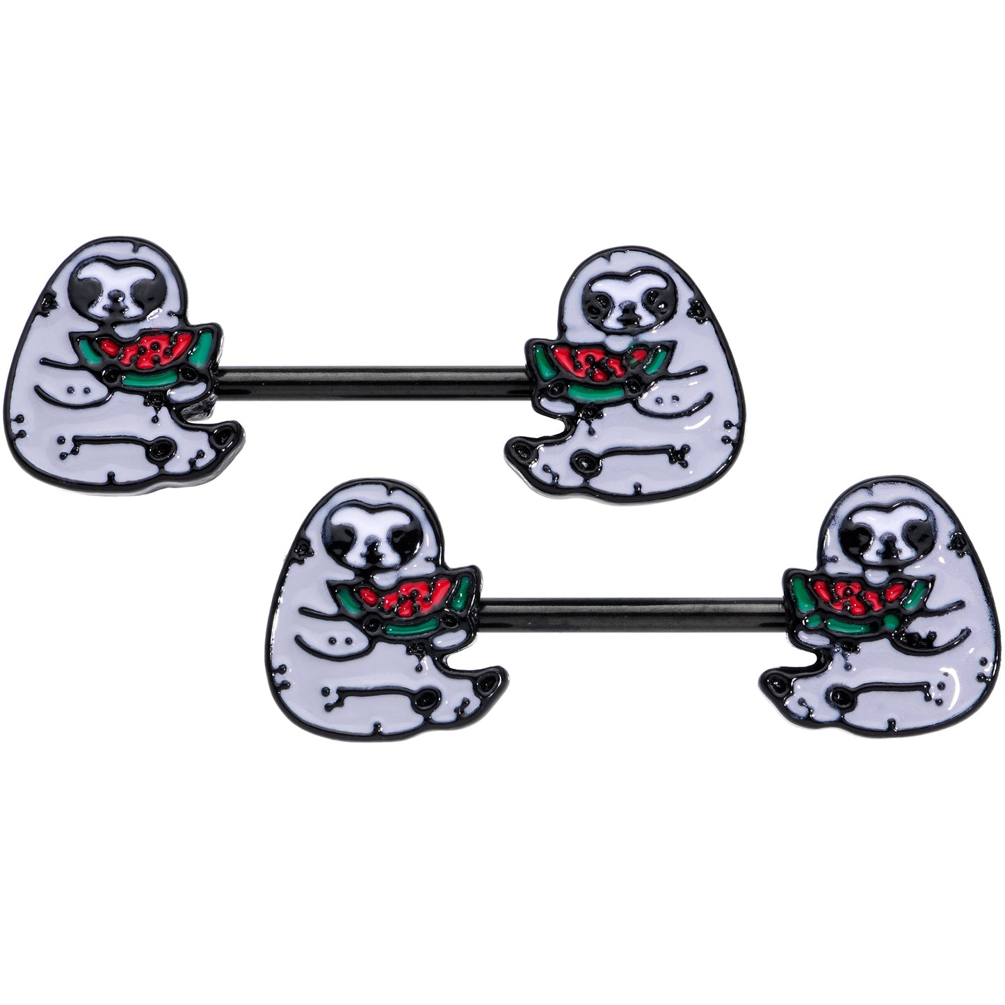 14G 9/16 Black Watermelon Sloth Barbell Nipple Ring Set