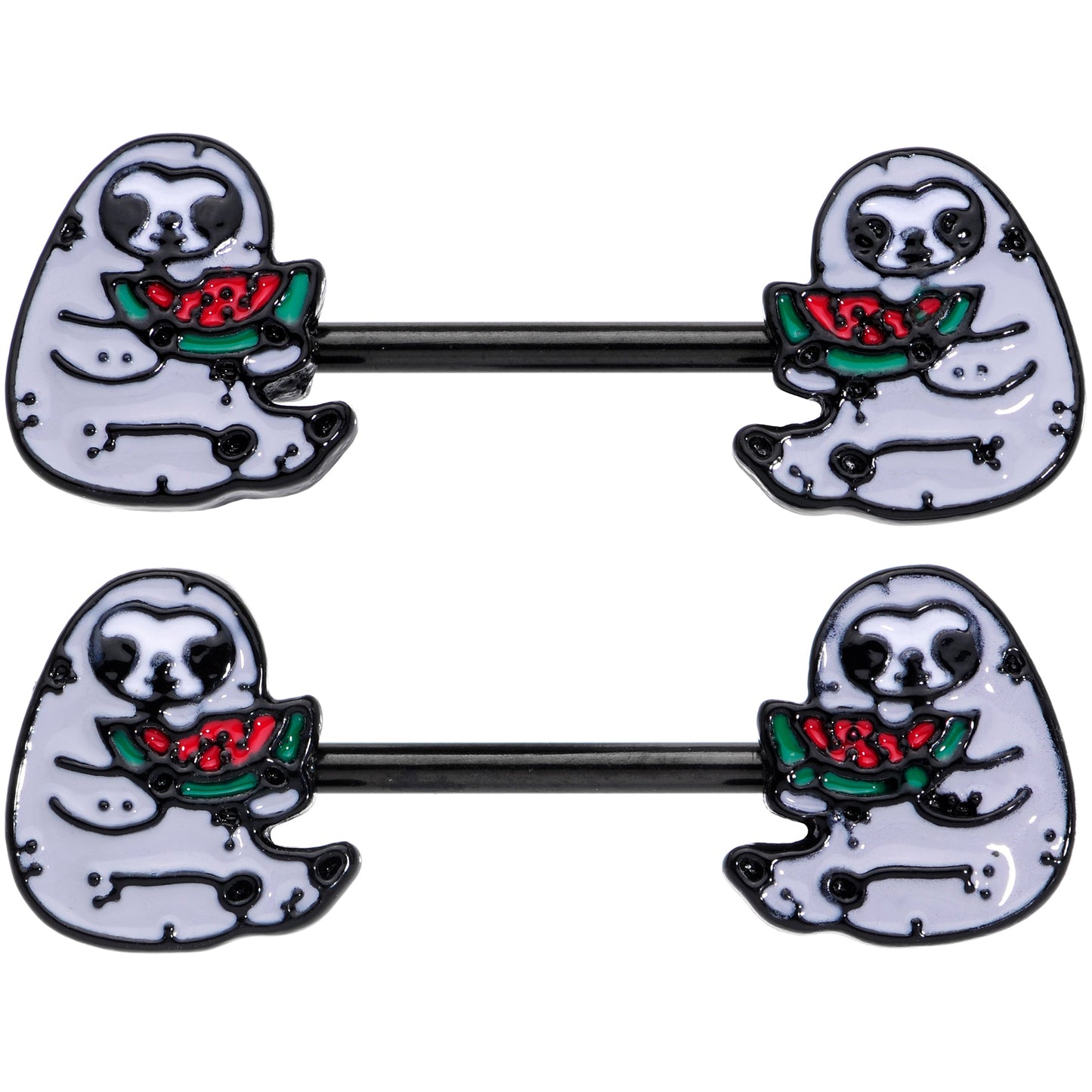 14G 9/16 Black Watermelon Sloth Barbell Nipple Ring Set