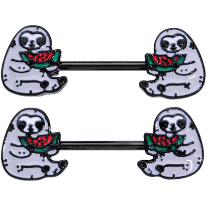 14G 9/16 Black Watermelon Sloth Barbell Nipple Ring Set
