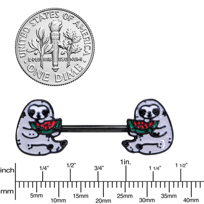 14G 9/16 Black Watermelon Sloth Barbell Nipple Ring Set