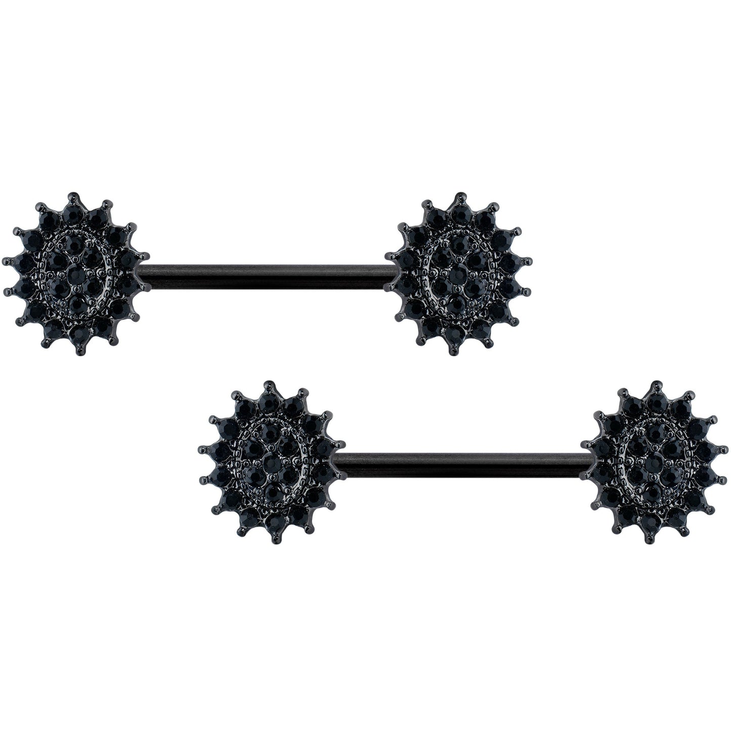 14G 5/8 Black Gem Black Oval Sunburst Barbell Nipple Ring Set
