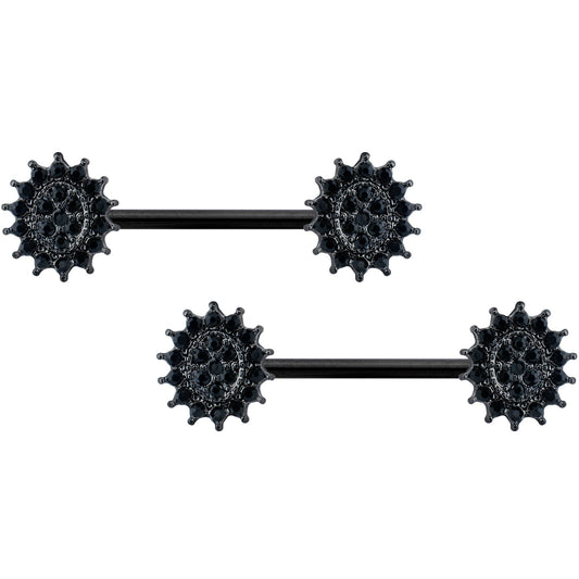 14G 5/8 Black Gem Black Oval Sunburst Barbell Nipple Ring Set
