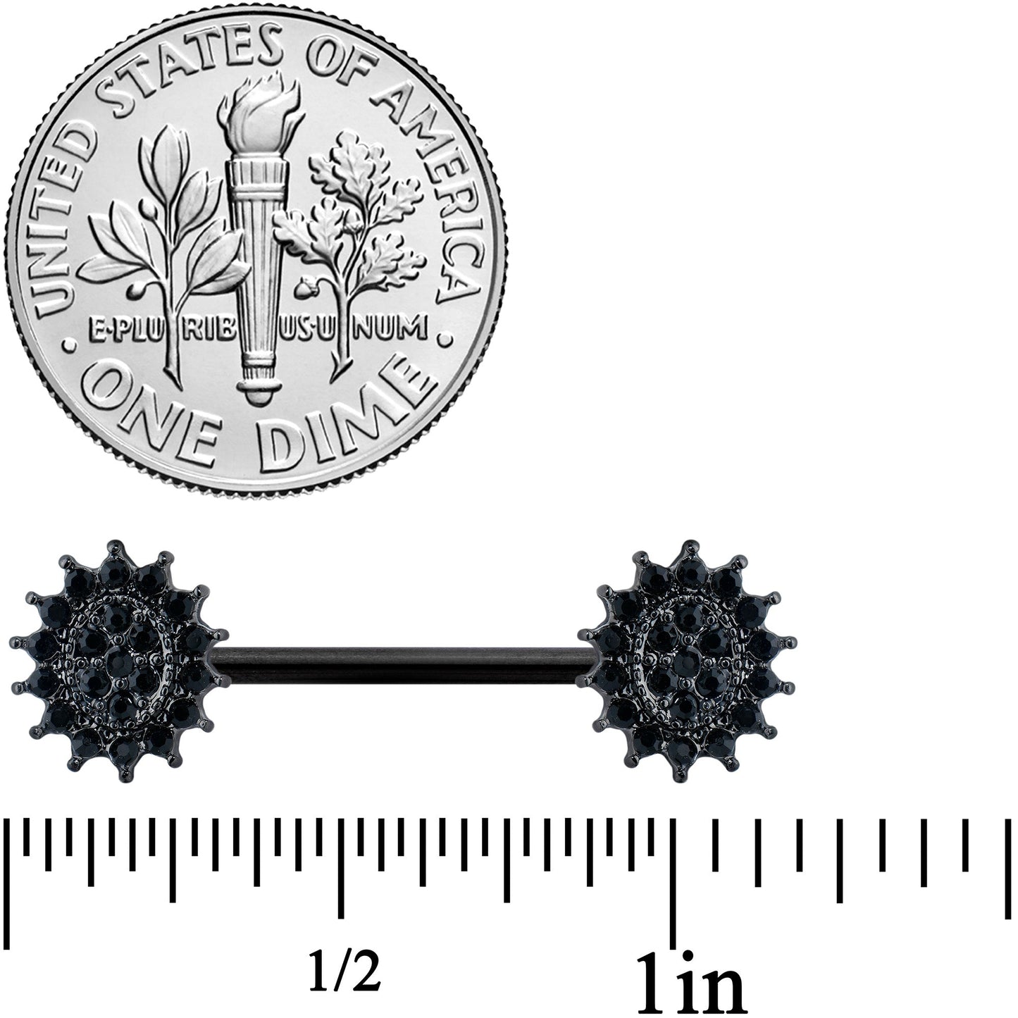 14G 5/8 Black Gem Black Oval Sunburst Barbell Nipple Ring Set