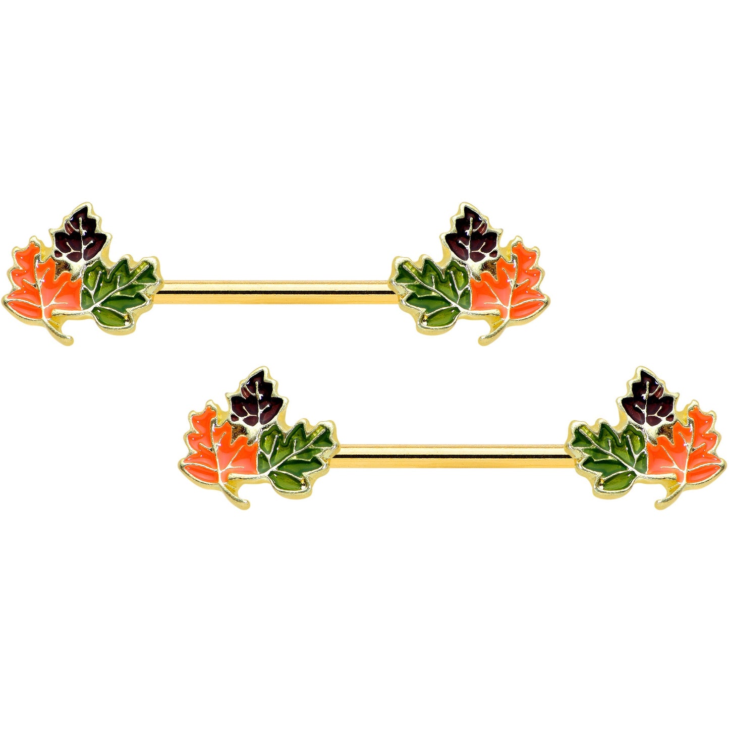 14G 9/16 Gold Tone Lovely Autumn Leaves Barbell Nipple Ring Set