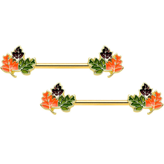 14G 9/16 Gold Tone Lovely Autumn Leaves Barbell Nipple Ring Set