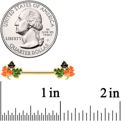 14G 9/16 Gold Tone Lovely Autumn Leaves Barbell Nipple Ring Set