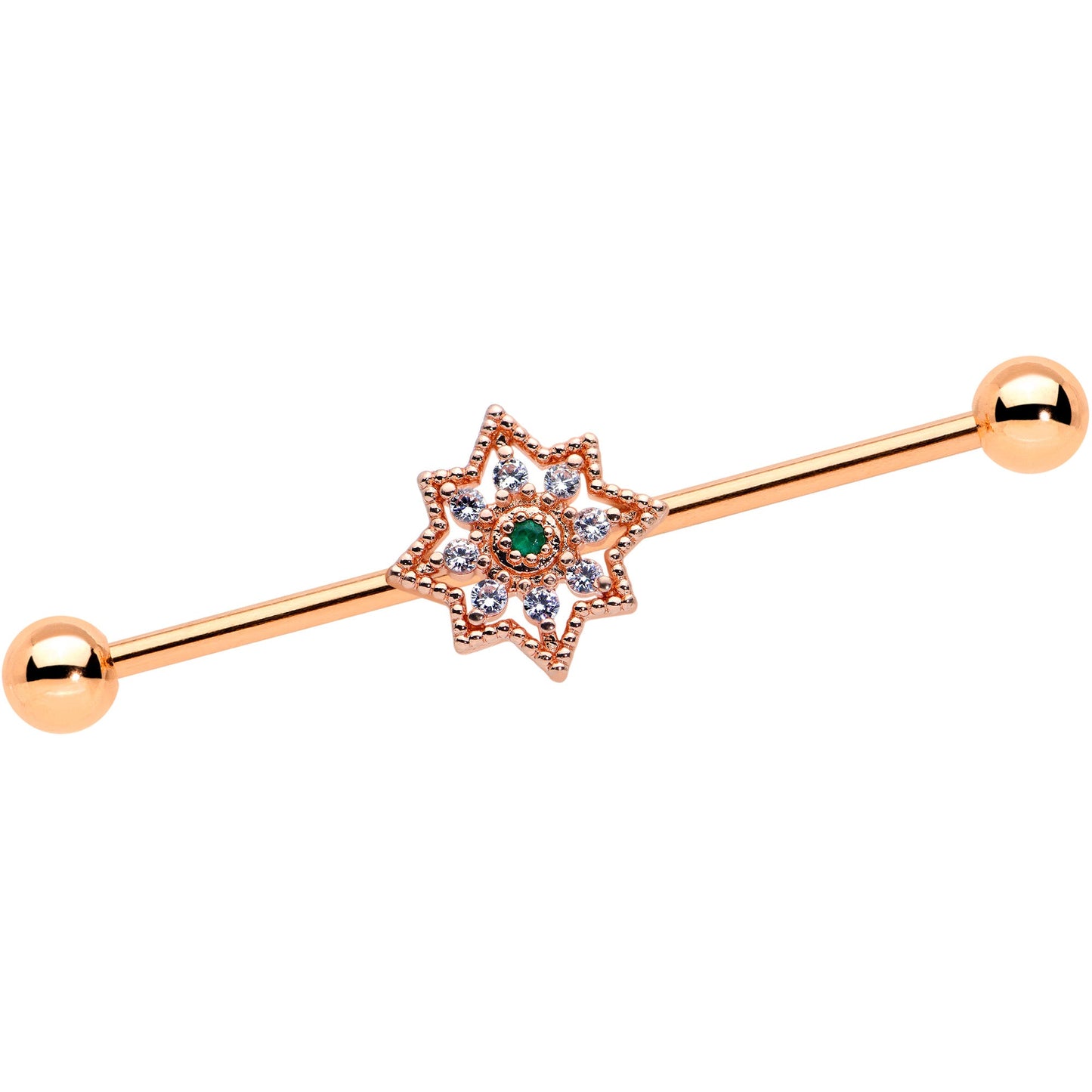14G Green Gem Rose Gold Tone Open Star Industrial Barbell 38mm