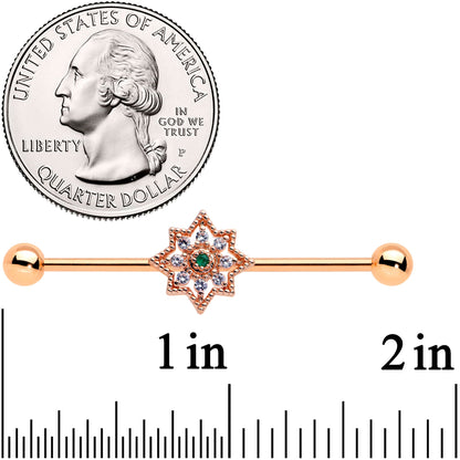 14G Green Gem Rose Gold Tone Open Star Industrial Barbell 38mm