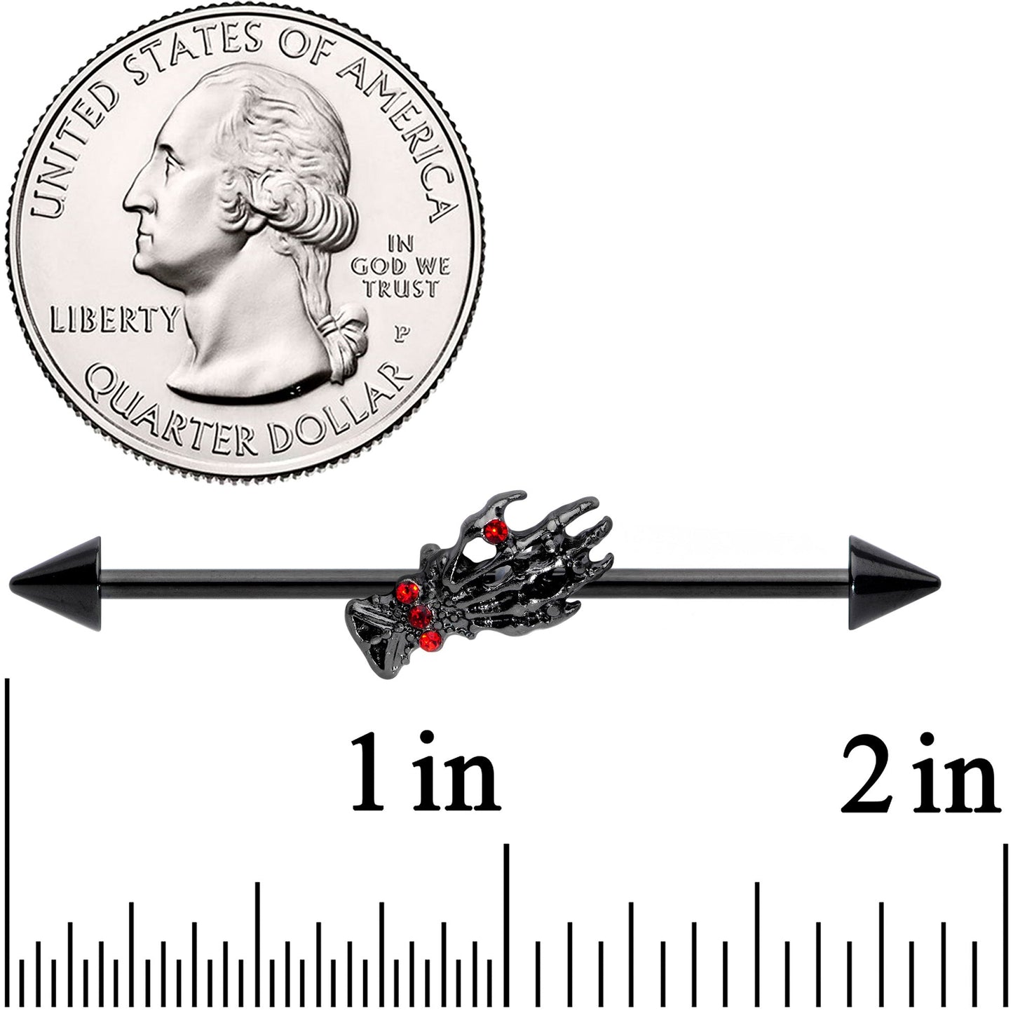 14G Red Gem Black Skeleton Hand Halloween Industrial Barbell 38mm