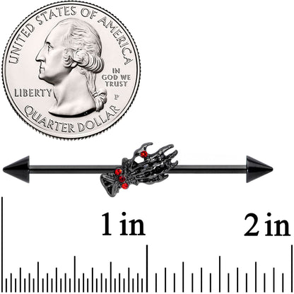 14G Red Gem Black Skeleton Hand Halloween Industrial Barbell 38mm