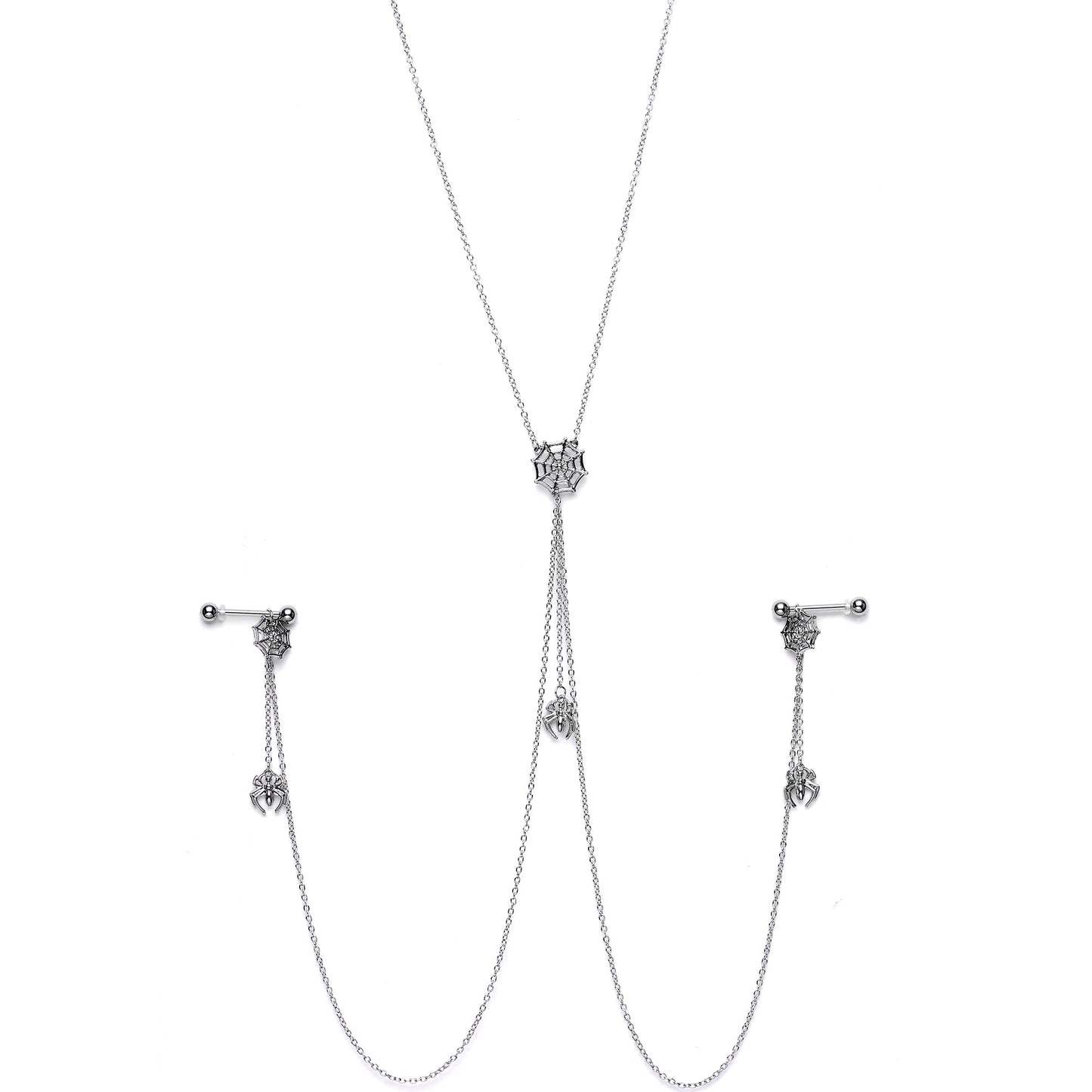 14G 9/16 Creepy Crawly Spider Web Halloween Nipple Chain Necklace