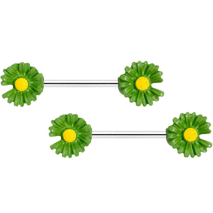 14G 5/8 Green Flower Barbell Nipple Ring Set