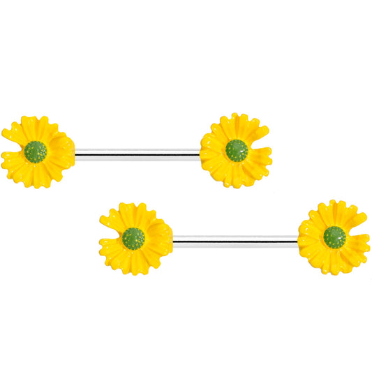 14G 5/8 Yellow Flower Barbell Nipple Ring Set